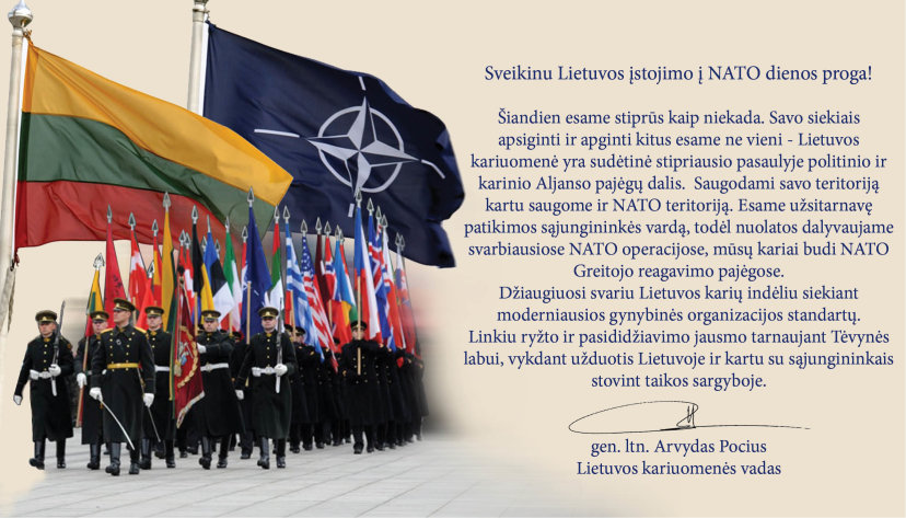 Lietuvos kariuomenės vadas: sveikinu Lietuvos įstojimo į NATO dienos proga!