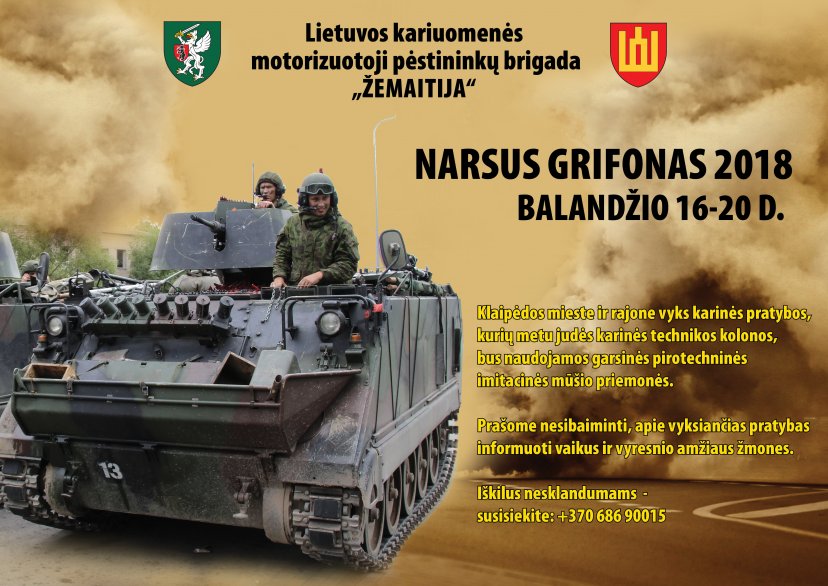 Balandžio 16 - 20 dienomis Klaipėdos mieste ir rajone vyks pratybos ,,Narsus grifonas - 2018‘‘