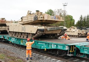 Rotational heavy U.S. battalion with combat equipment arrived in Kaunas. European railway track... - 2