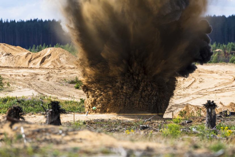 Armed Forces engineers simulate Russian artillery impacts in the Pabradė Training Area to test...